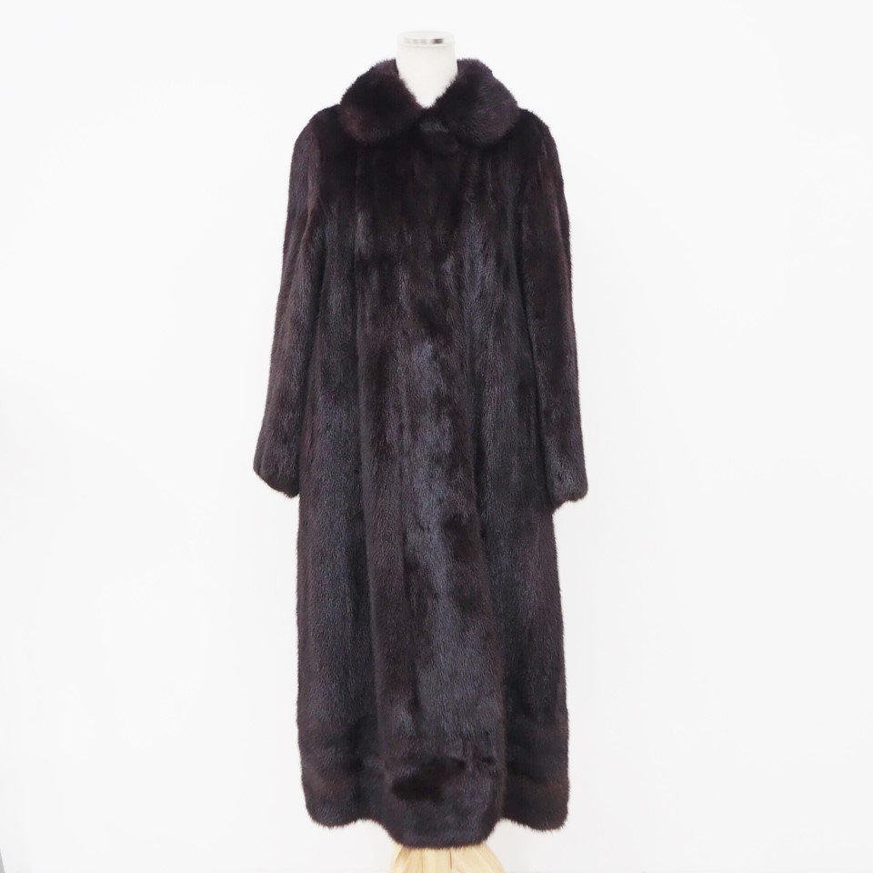 美品【 裾横段 / ノーブランド 】高級毛皮 ブラックミンク◆ロングコート 107cm丈 ◆黒色に近いダークブラウン ◆ネーム無し ◆R467Y