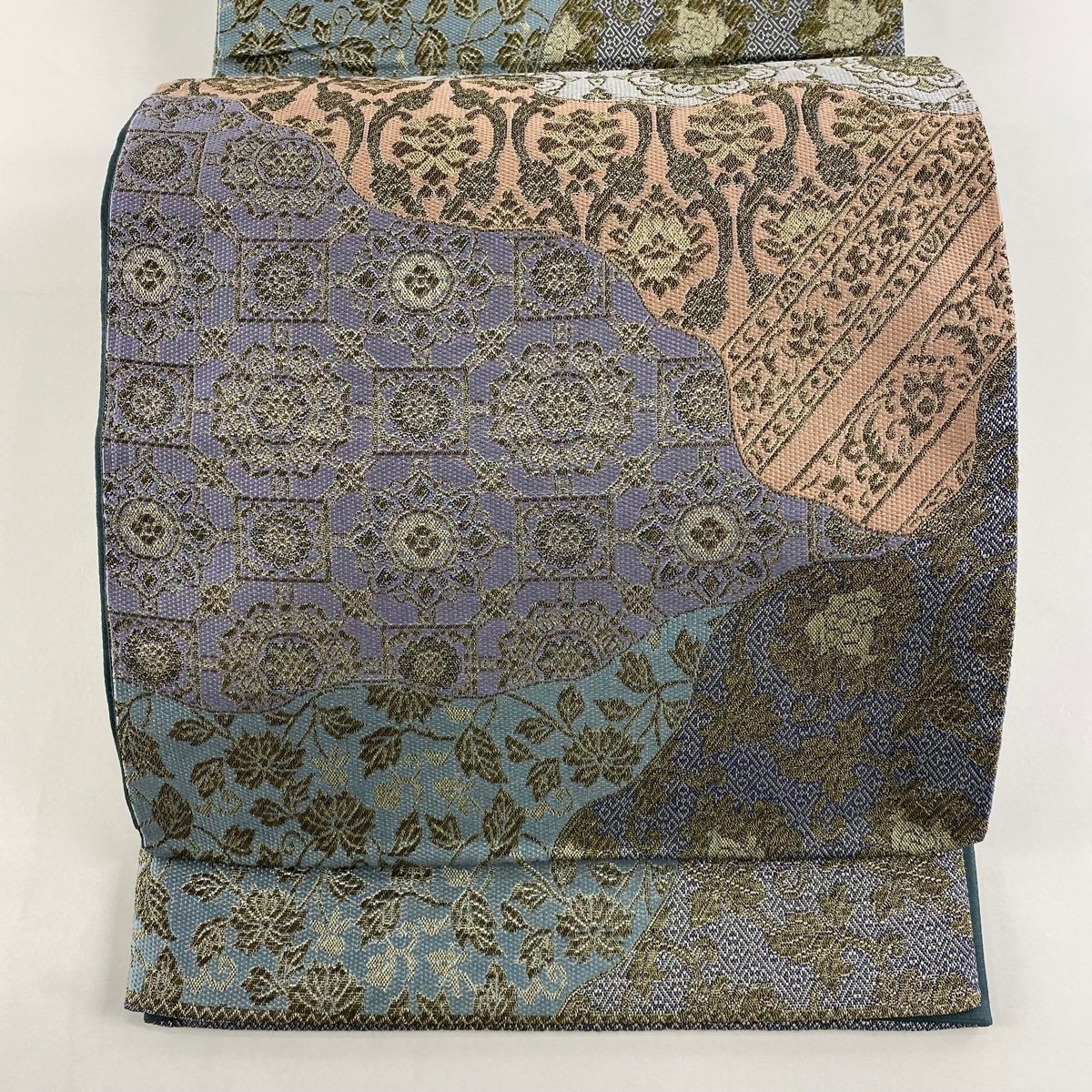 袋帯 美品 秀品 蜀江華文 花菱 金糸 青灰色 六通 正絹 【中古】