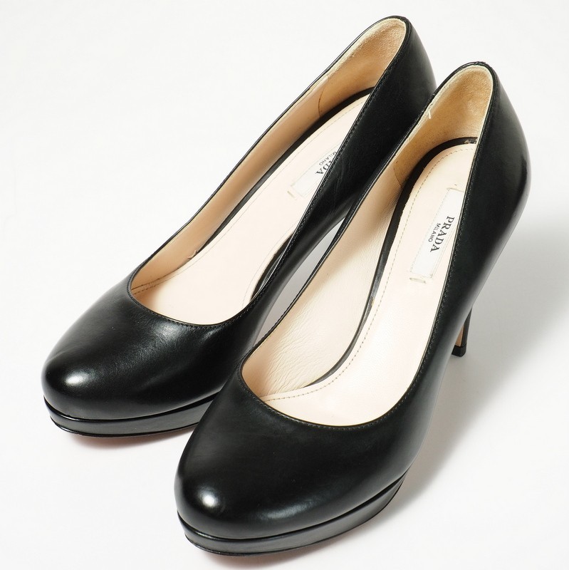 GN7645*イタリア製《PRADA プラダ》レザー プラットフォーム パンプス 37(24cm相当) 靴 ブラック
