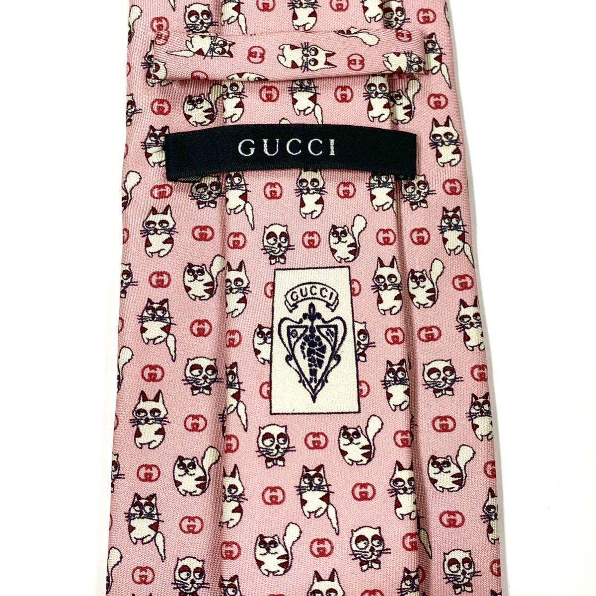 GUCCI グッチ GG柄 猫 ガットリ シルクネクタイ ピンク イタリア製 GUCCI グッチ GG柄 猫 ガットリ シルクネクタイ ピンク イタリア製