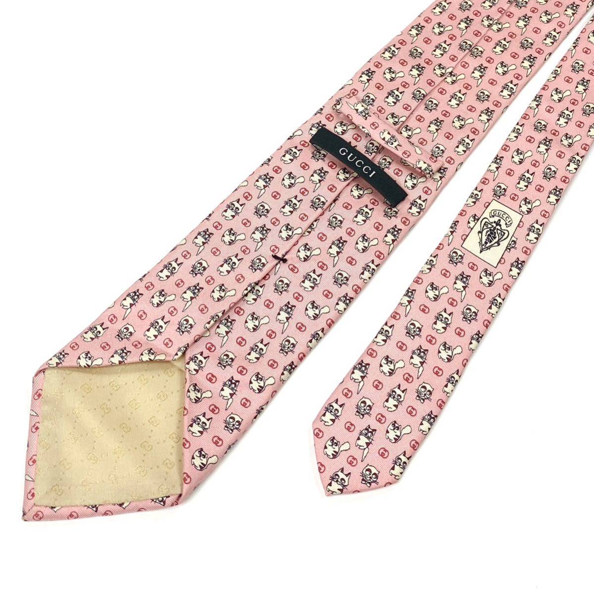 GUCCI グッチ GG柄 猫 ガットリ シルクネクタイ ピンク イタリア製 GUCCI グッチ イタリア製 正規品 シルク 100％ 総柄 猫柄 ネクタイ