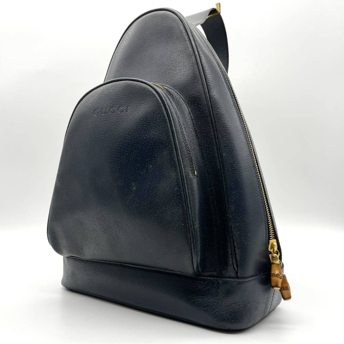 極上 グッチ/GUCCI ボディバッグ メンズ ウエストバッグ ショルダーバッグ 肩掛け バンブーファスナー オールレザー ロゴ ネイビー