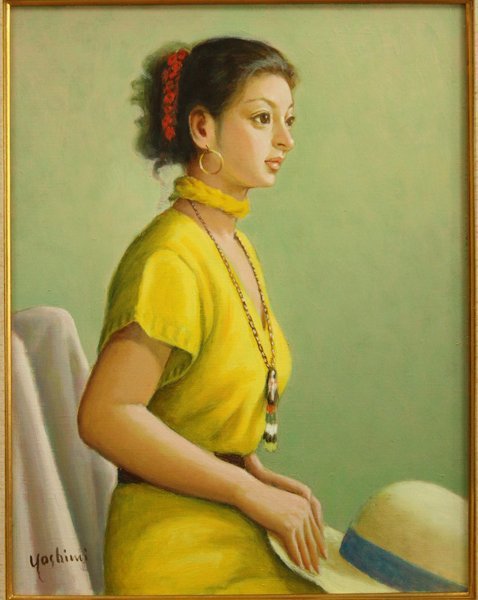 鶴村義美バイオリンの女肉筆写実画 真作 鶴村義美 人物画