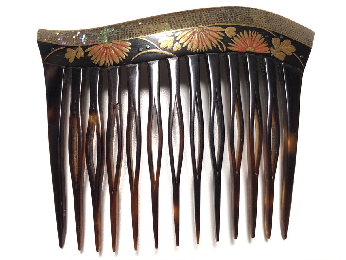 アンティーク 本鼈甲 漆塗り 金蒔絵 螺鈿 13.2g 作家物 永正 菊花文