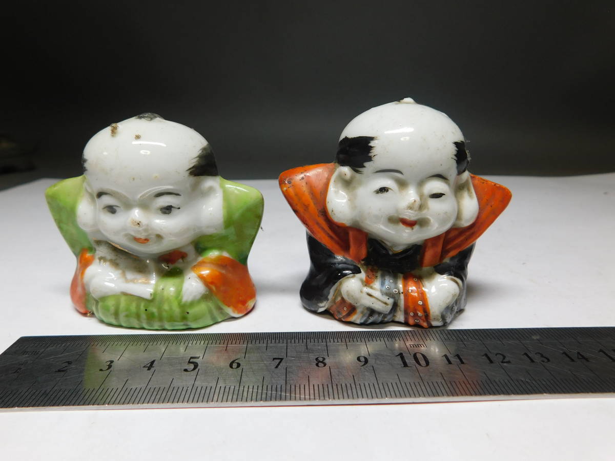 岡黒 稀少 初だし品 明治期 九谷焼 福助人形二体 水滴 無傷 珍品 