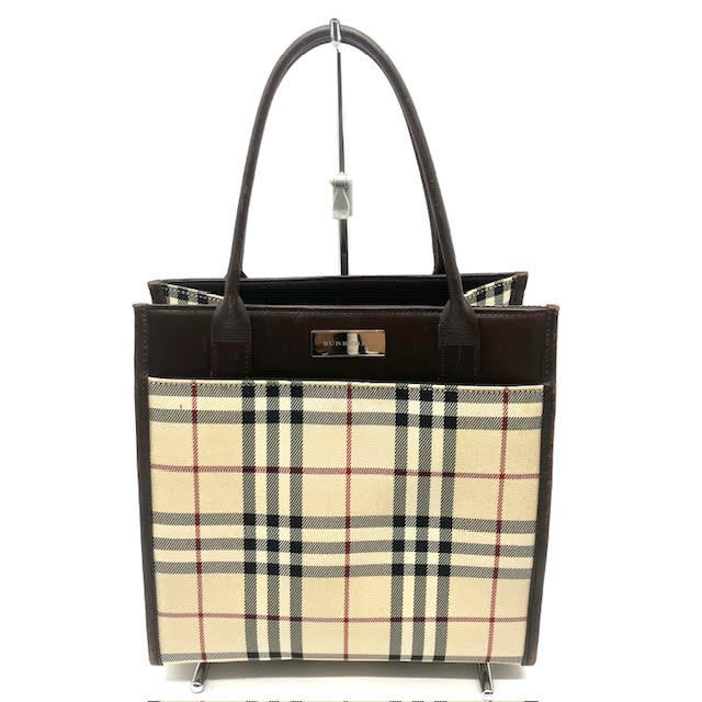 仙57 BURBERRY ハンドバッグ チェック柄 キャンバス レザー ベージュ 