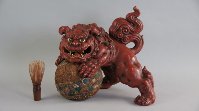 玉乗り獅子＊狛犬 陶器 縁起物 唐獅子 床の間飾り 骨董 美術品