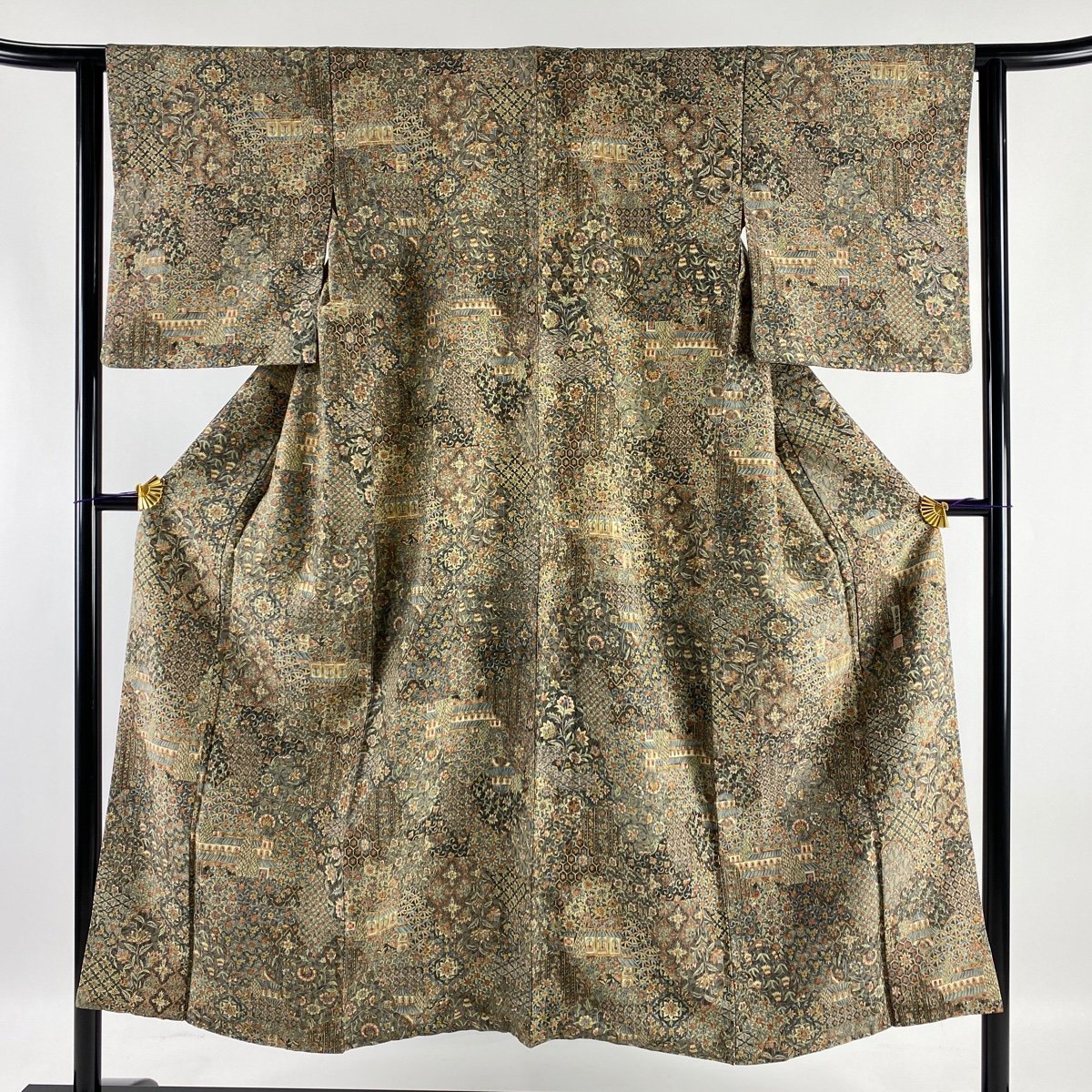 小紋 秀品 落款 二代目 更甚 やまと 草花 灰緑 袷 身丈147.5cm 裄丈63.5cm S 正絹 【中古】