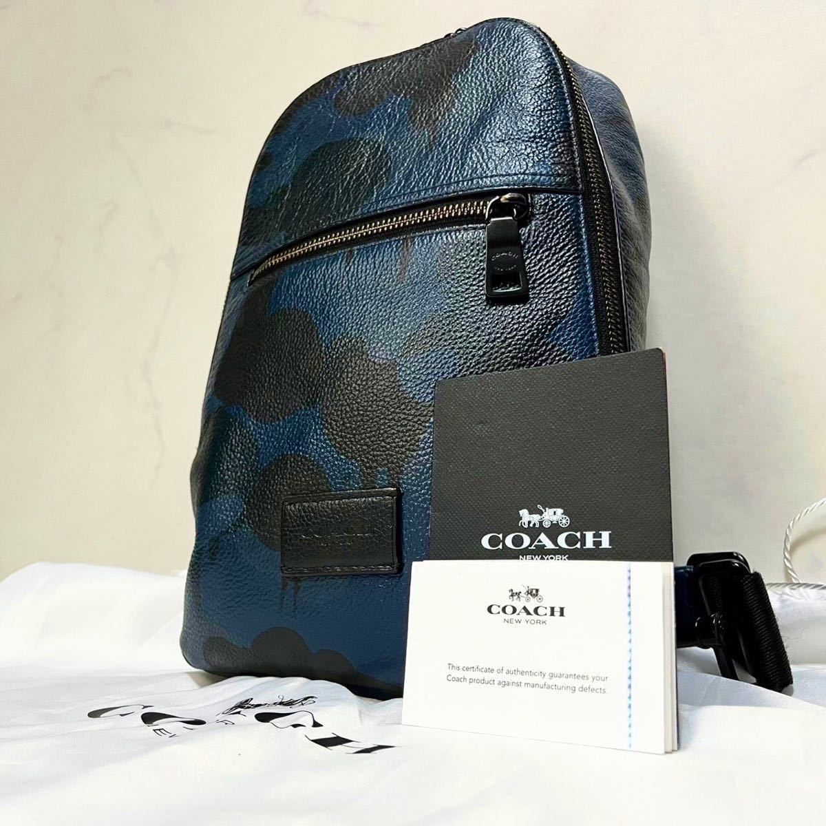 1円〜【希少】COACH コーチ ボディバッグ ショルダー 肩掛け レザー メンズ 迷彩 カモフラ ネイビー ブラック ドッグタグ クロスボディ