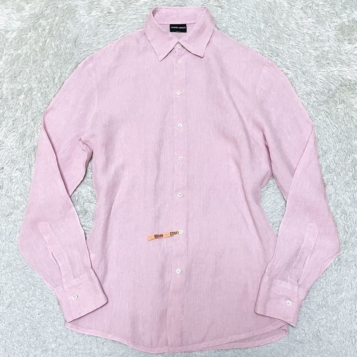 L〜XL相当ジョルジオアルマーニ《圧倒的爽やかさ》GIORGIO ARMANI 最高級 黒タグ リネン100% 麻 長袖シャツ ドレスシャツ ピンク