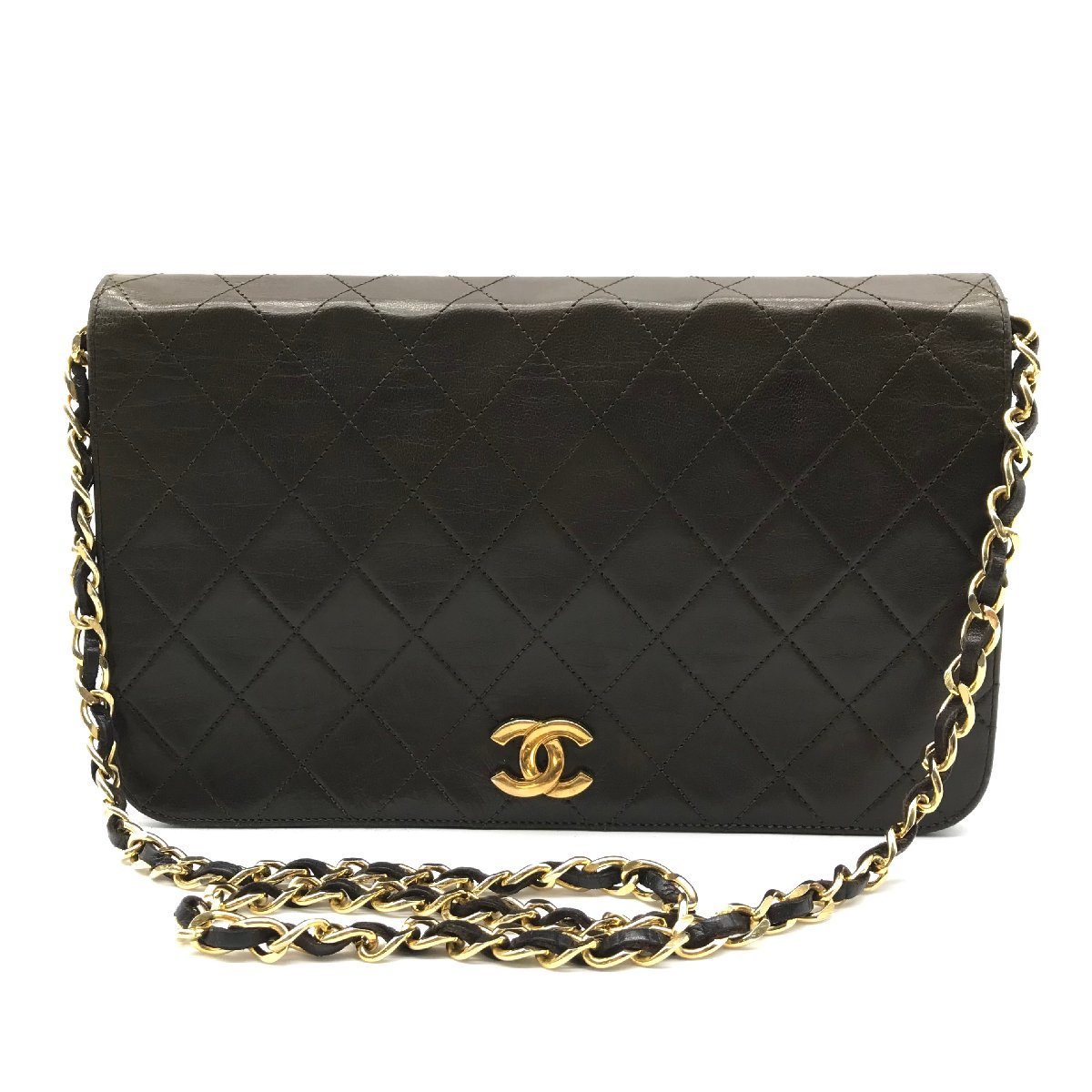 1円 CHANEL シャネル ココマーク マトラッセ プッシュロック チェーン ショルダー バッグ 茶色 M9061