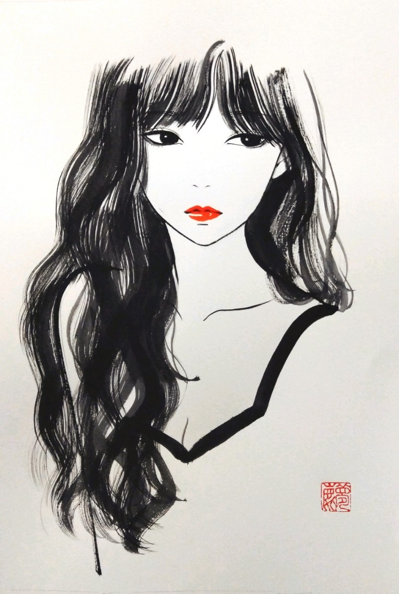 肉筆原画 ドローイング 水彩画 絵画 オリジナル 美人画 mucica 手描き