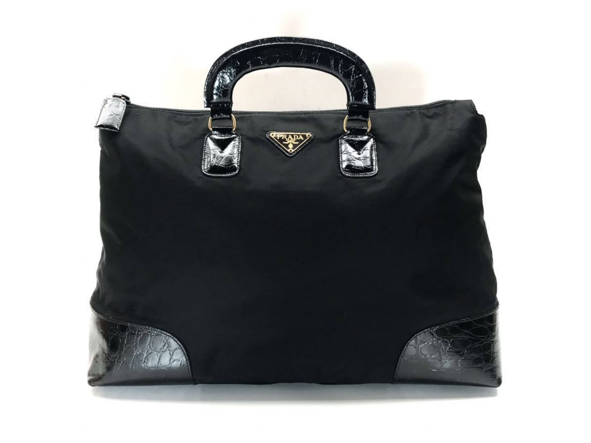極美品】 PRADA プラダ ナイロン 型押しレザー ハンドバッグ ビジネス  