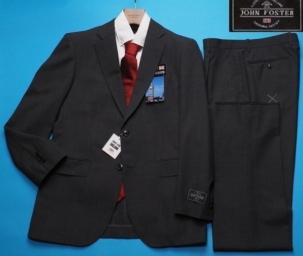 新品9.7万円 大手百貨店扱い 日本製 春夏『ジョンフォスター 英国製生地』水牛釦 ウール100% ソリッド無地 スーツAB6灰(H) 1700081