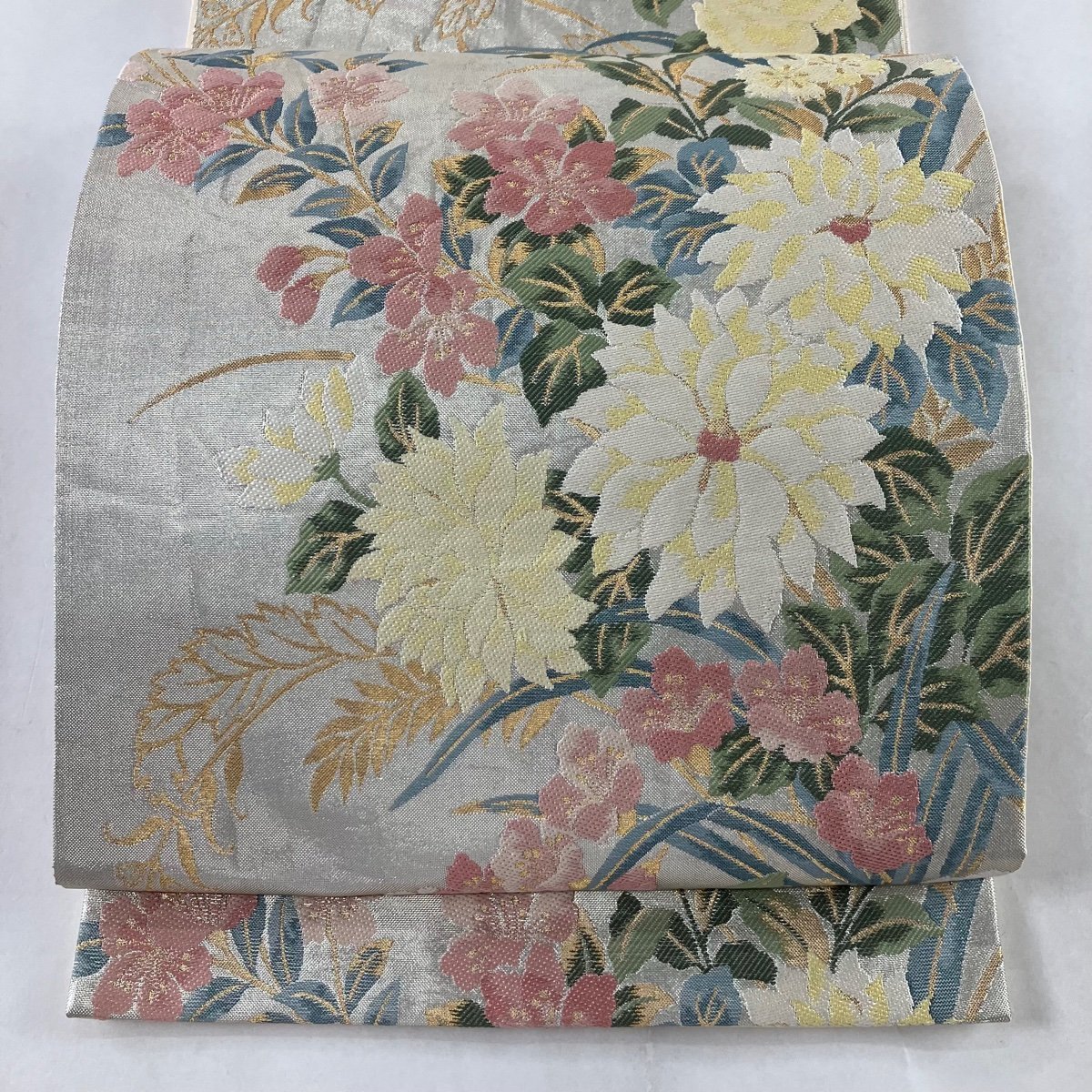 袋帯 秀品 六通 箔 正絹 美品 中古 金糸 草花 銀色 金銀糸 華文