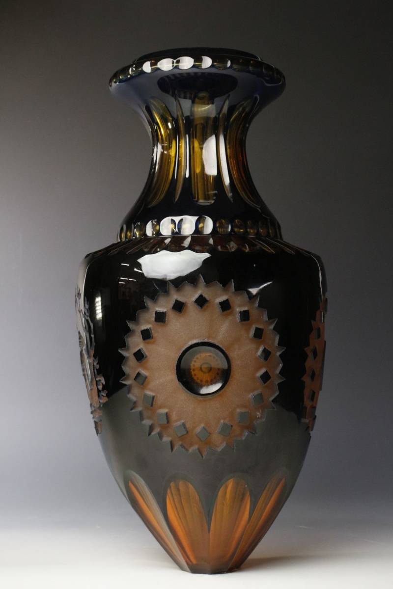 LIG】19世紀 ウランガラス 天使女性図青被せガラス花瓶 特大47㎝ 花器