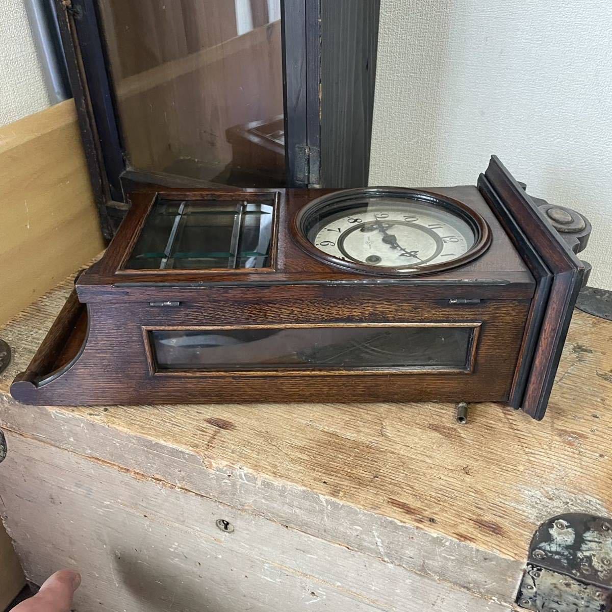 明治期 SEIKO 精工舎 筋ガラス 座敷時計 欅ケース 琺瑯文字盤 掛け時計 