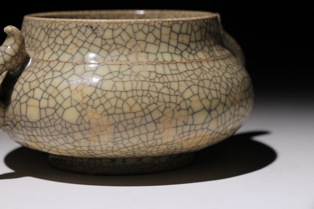 ☆寒椿☆哥窯香炉 双耳 幅約14cm×約12cm (検)氷