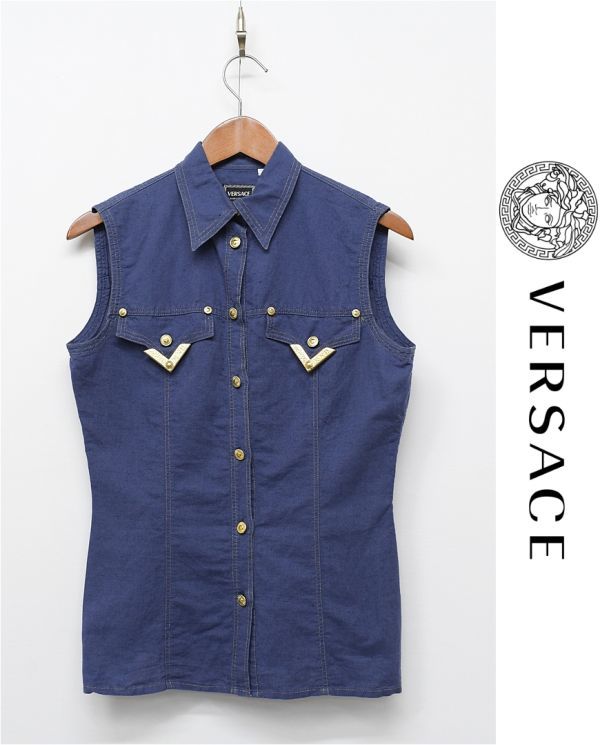 HGA-H270/美品 VERSACE ノースリーブシャツ ブラウス 金ボタン リネン×コットン ステッチ S 青 イタリア製