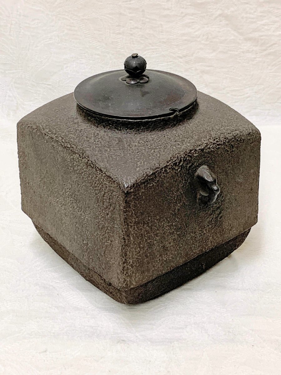 12380/茶道具 四方釜 銅蓋 茶釜 茶会 旧家蔵出し 鉄瓶 道具 ] - 道具
