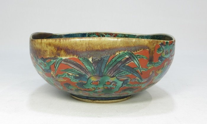 F3009】九谷焼 名工 青木木米 聾米造銘 赤絵 百老図 四方鉢 江戸時代