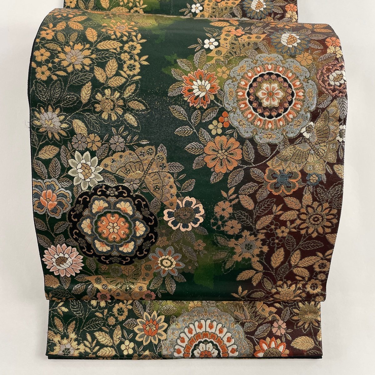 袋帯 美品 秀品 華文 蝶 箔 唐織 深緑 六通 正絹 【中古】 袋帯 秀
