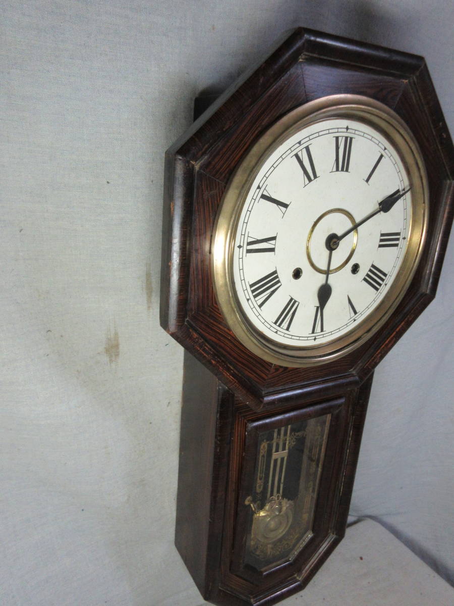 動作品 尾張時計 カレンダー付10吋八角尾長 柱時計 柱時計 10インチ紙文字盤 旗印 尾張時計 古時計 完動品 柱