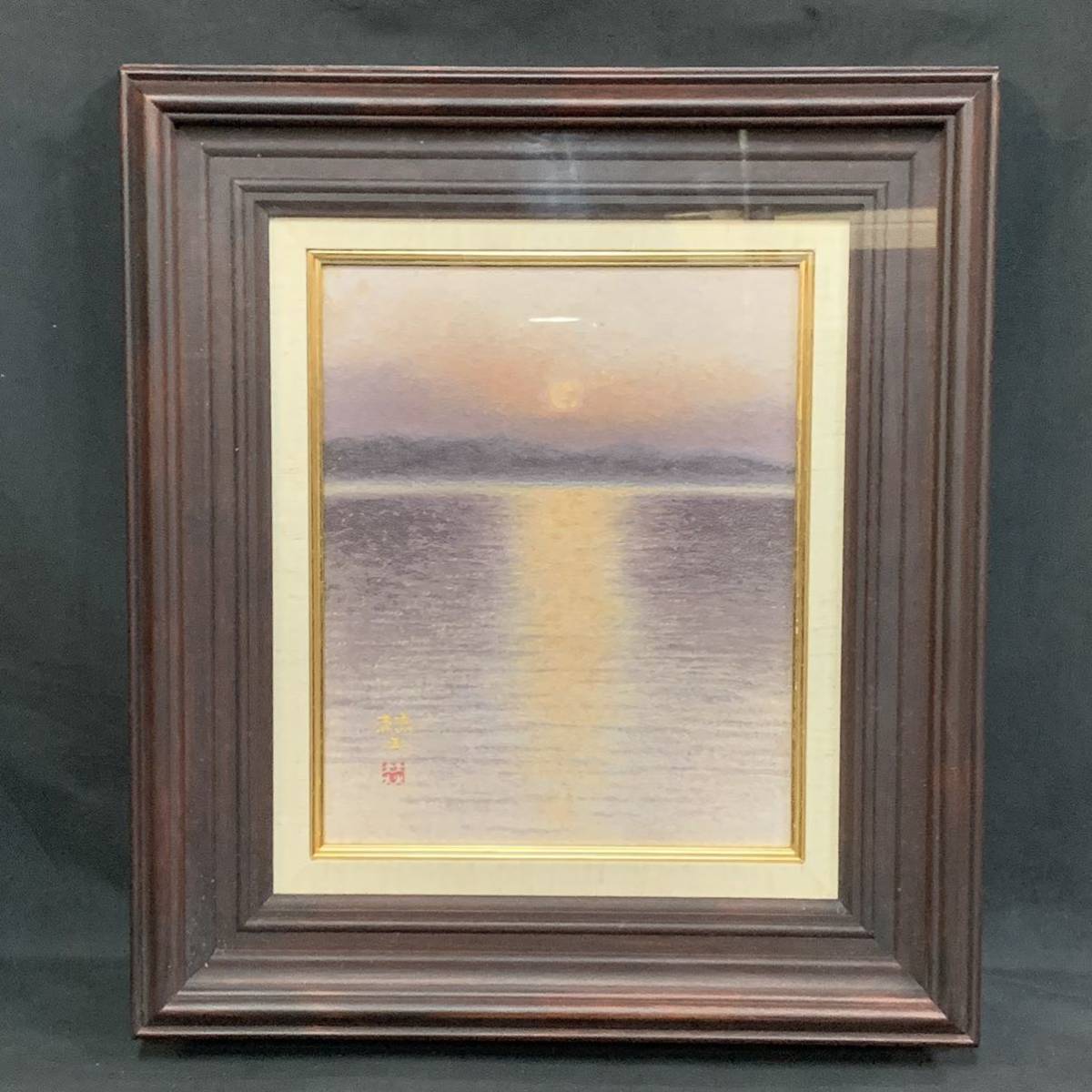 吼53） 其阿弥赫土　「 内海暮色 」　3号　風景画　額装　額寸44×40㎝　真作　