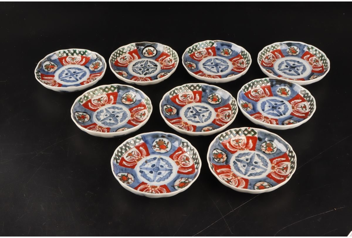 [URA]伊万里焼/色絵金彩錦手塩皿9客/13-7-103　(検索)骨董/有田焼/料亭/向付/小鉢/銘々皿/割烹/和食/飾物/置物/懐石