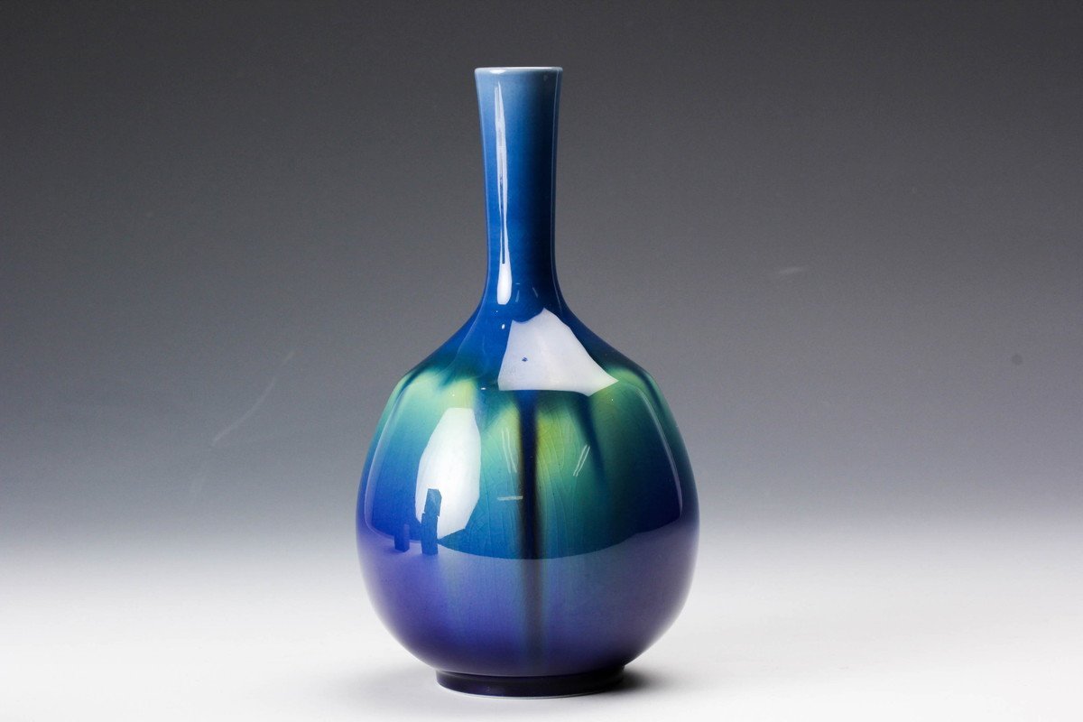 三代徳田八十吉 耀彩壺 金銘作品 共箱、共布、栞付 人間国宝