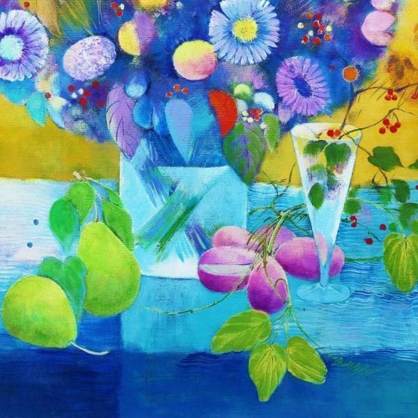 真作】【WISH】渡辺宏「花々」油彩 20号 大作 ポップな色彩 花瓶に花