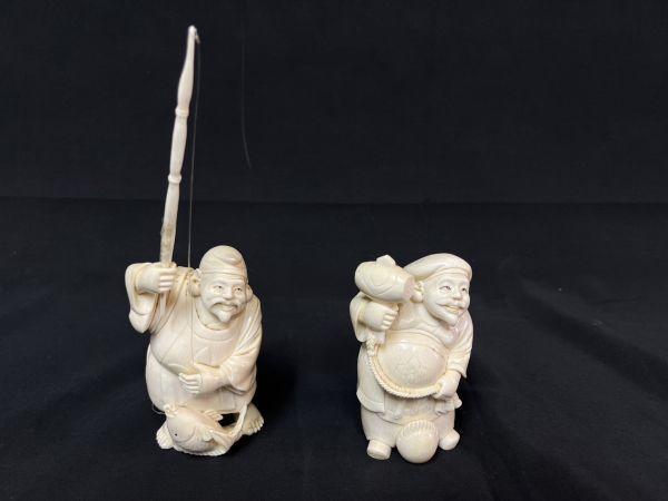 E☆七福神 マンモス 象牙風 細密細工 人物 彫刻 置物 飾物 中国美術 古美術