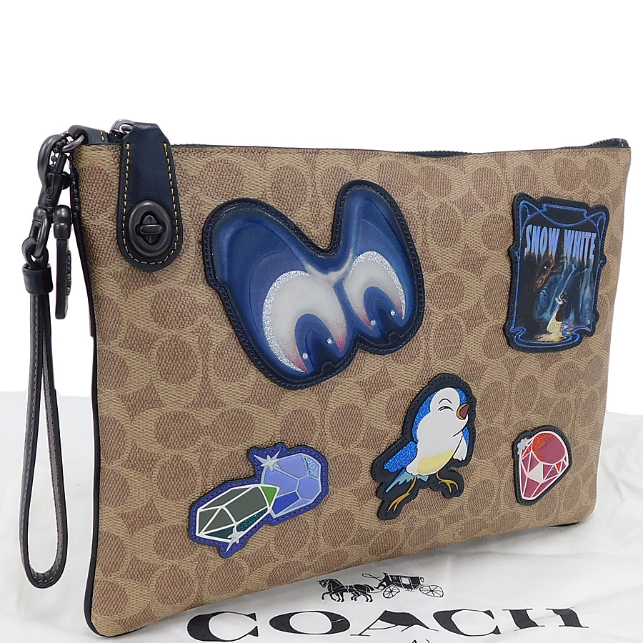 1円 ■ 未使用品 コーチ クラッチバッグ 33052 ブラウン系 PVC シグネチャー ディズニー COACH ■E.Beo.zE-1