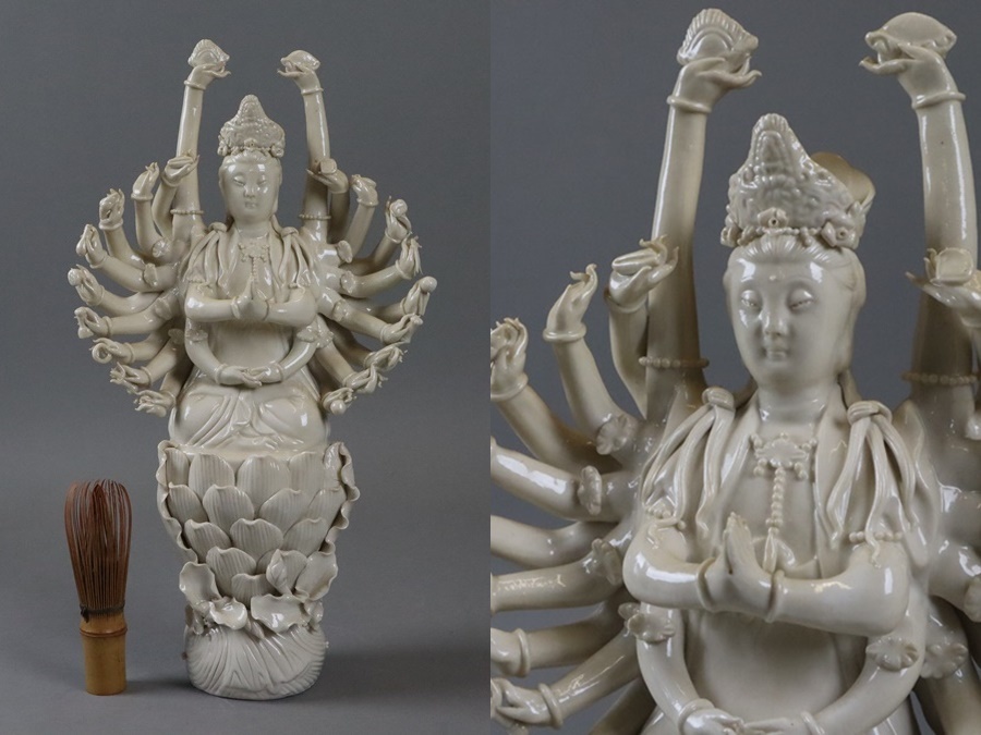 細密な観音菩薩像 仏像 陶器 中国古美術 置物 中国仏像 千手観音像 青 