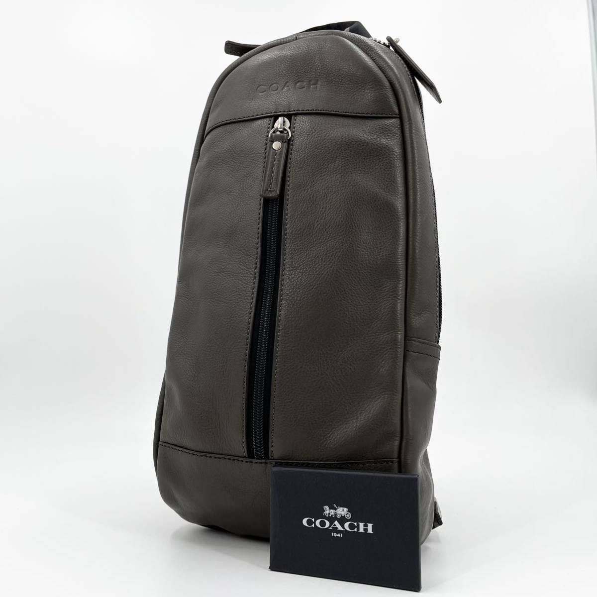 1円【 極美品・状態◎ 】COACH コーチ ボディ ショルダー スリングバッグ メンズ 斜め掛け チャーム付 レザー ヘリテージウェブ カーキ