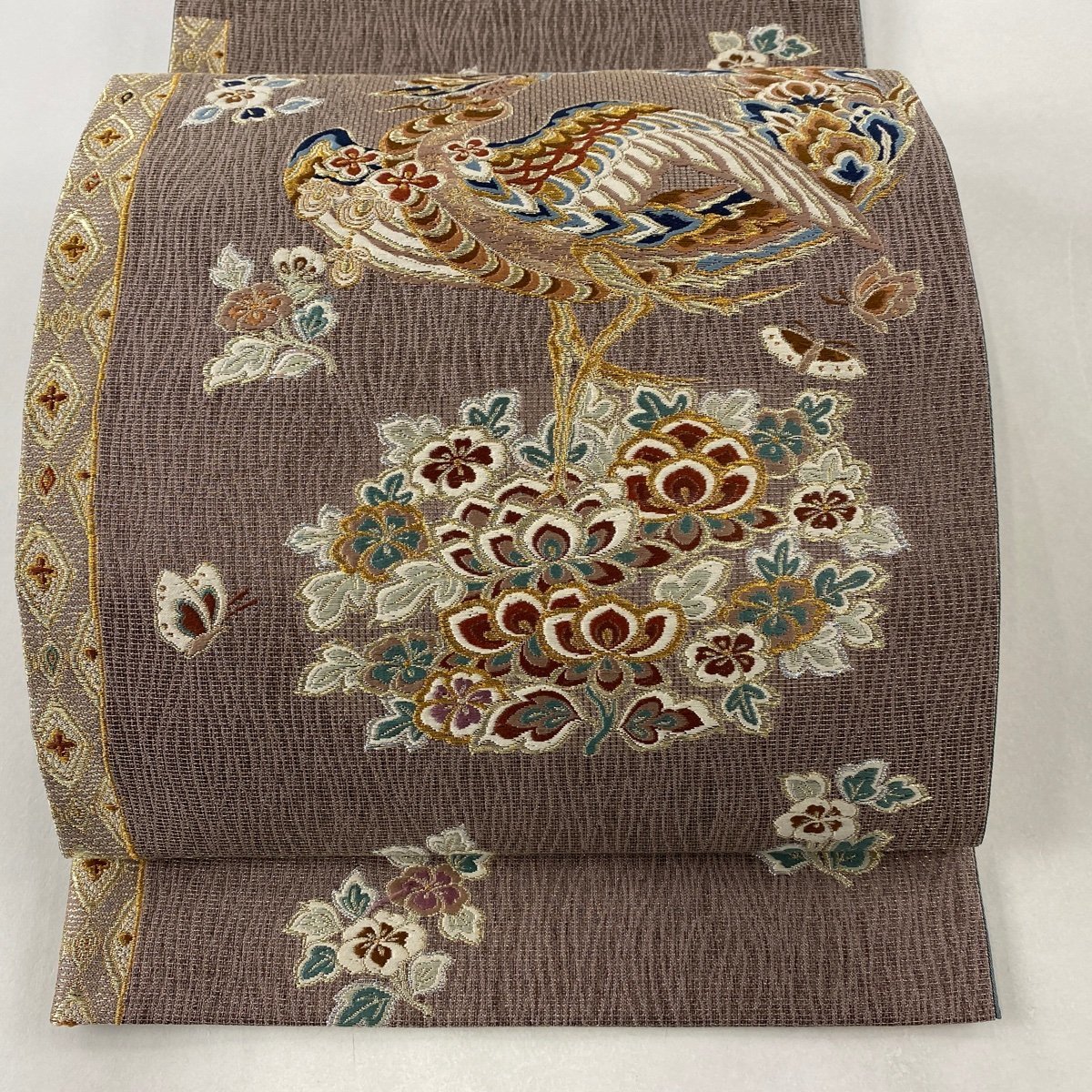 袋帯 美品 名品 鳥 草花 金銀糸 刺繍 灰紫 六通 正絹 【中古】 袋帯