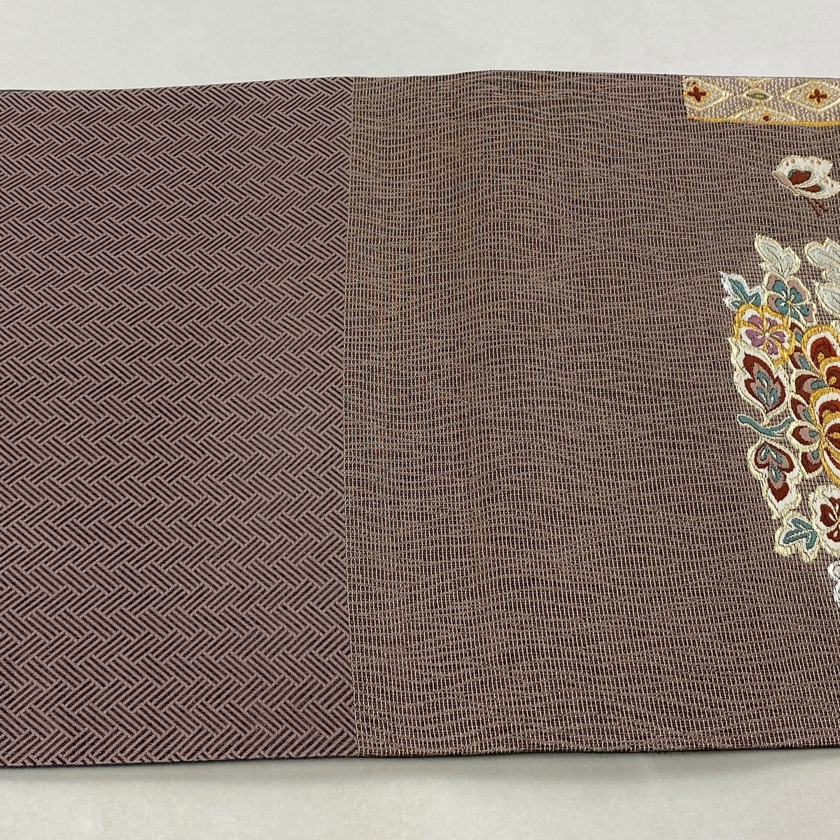 袋帯 美品 名品 鳥 草花 金銀糸 刺繍 灰紫 六通 正絹 【中古】 袋帯