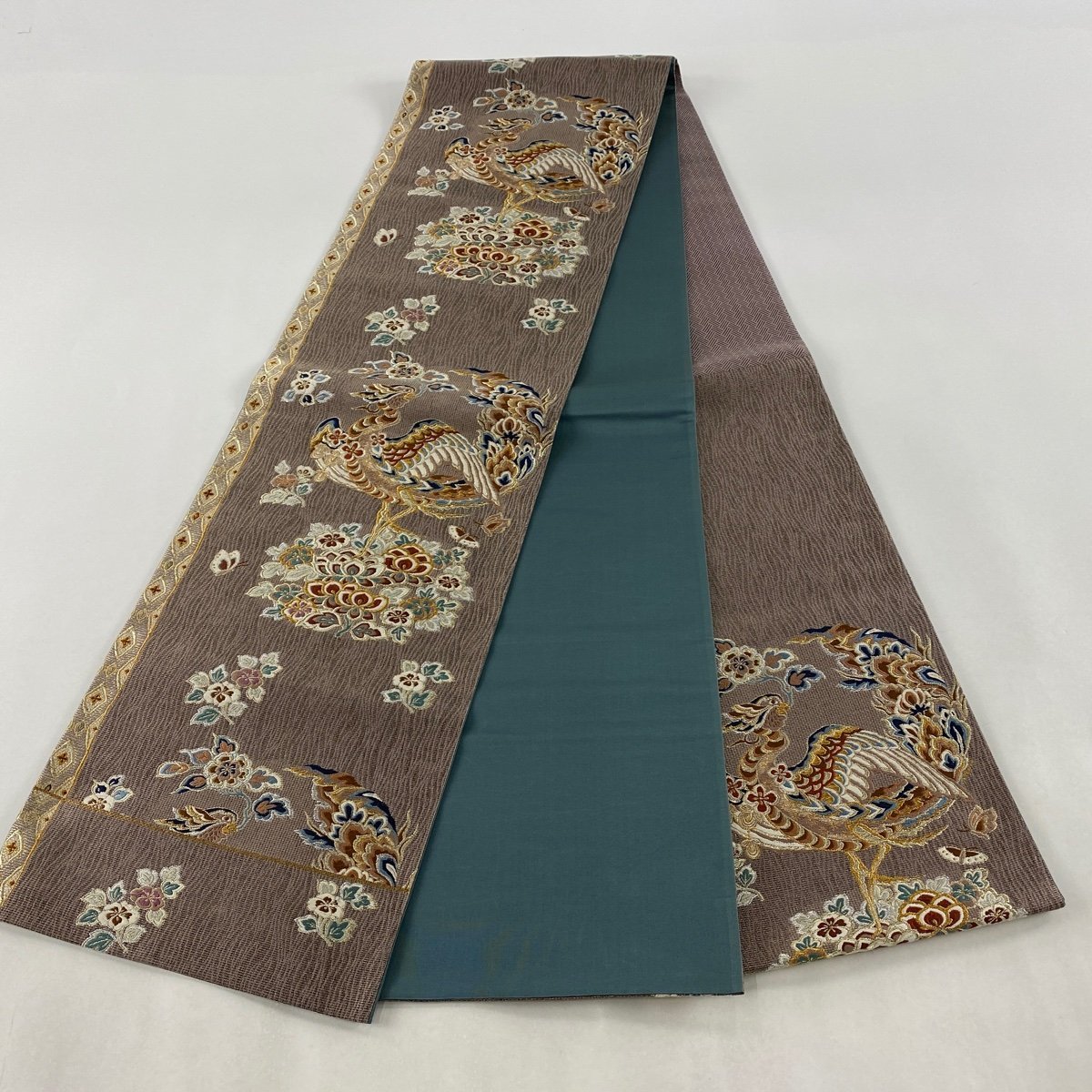 袋帯 美品 名品 鳥 草花 金銀糸 刺繍 灰紫 六通 正絹 【中古】 袋帯