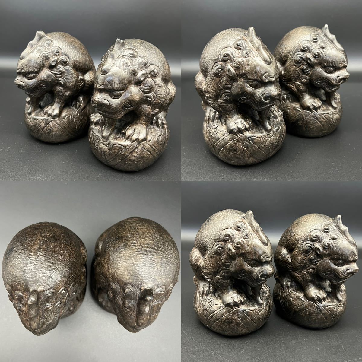 蔵出□時代物 重厚 石彫石造 獅子 一対□狛犬珍獣□仏教美術古寺院収蔵