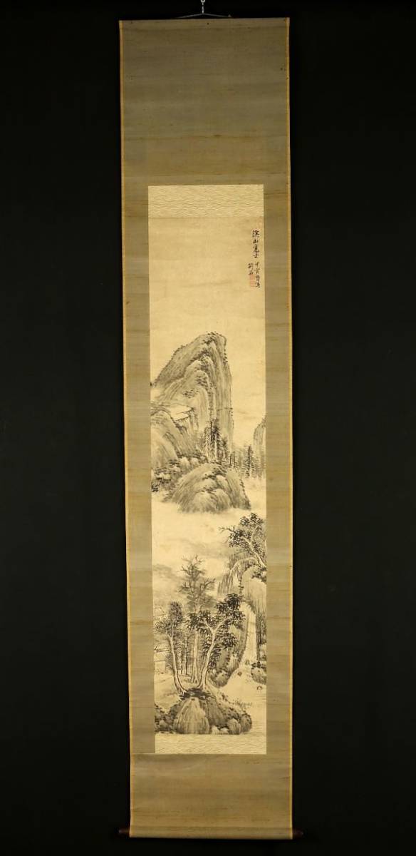 2732□【真作】魚住荊石 「渓山髙士」 肉筆 新潟の人 谷文晁師事 掛軸