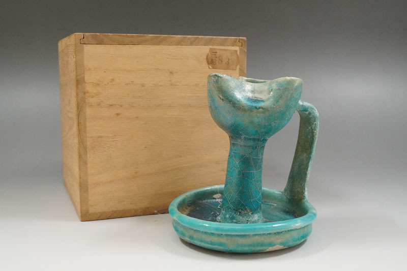 古美術 ペルシャ古陶 イスラム古陶 青釉 灯火器 油壺 発掘品