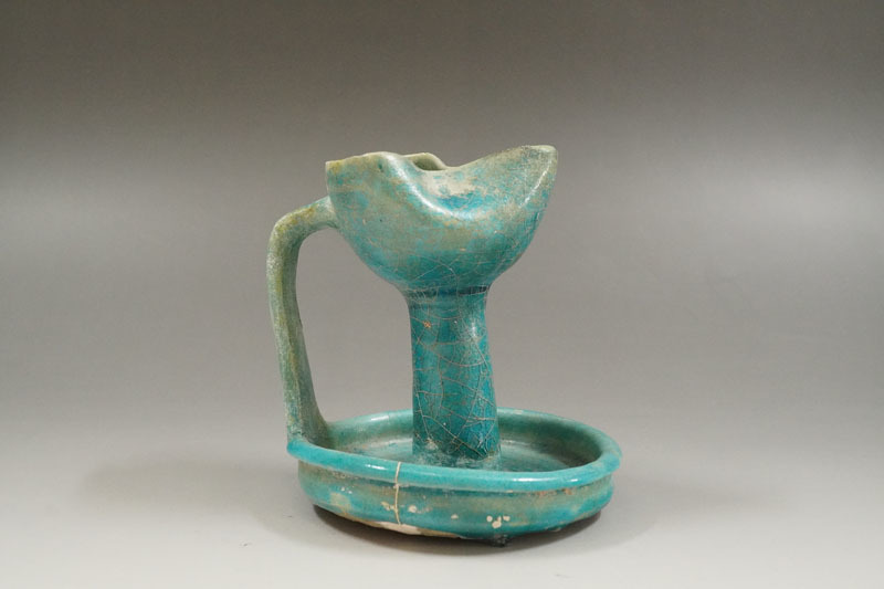 古美術 ペルシャ古陶 イスラム古陶 青釉 灯火器 油壺 発掘品