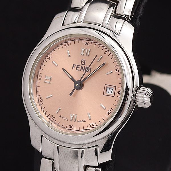1円 稼働 良品 フェンディ QZ 210L サーモンピンク文字盤 デイト ラウンド レディース腕時計 GMY9430100KYM