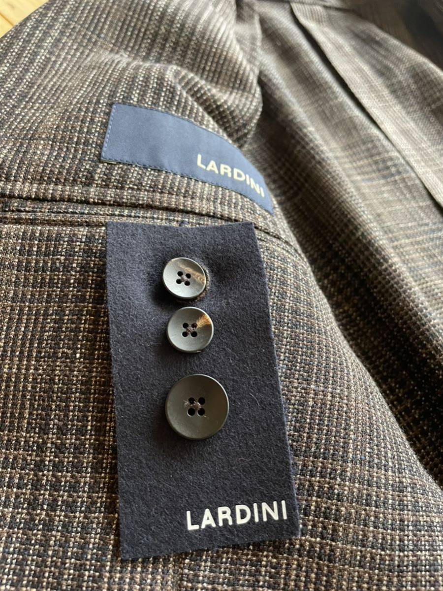 未使用LARDINI コットンウールリネンジャケット 48 ブラウン系チェック 