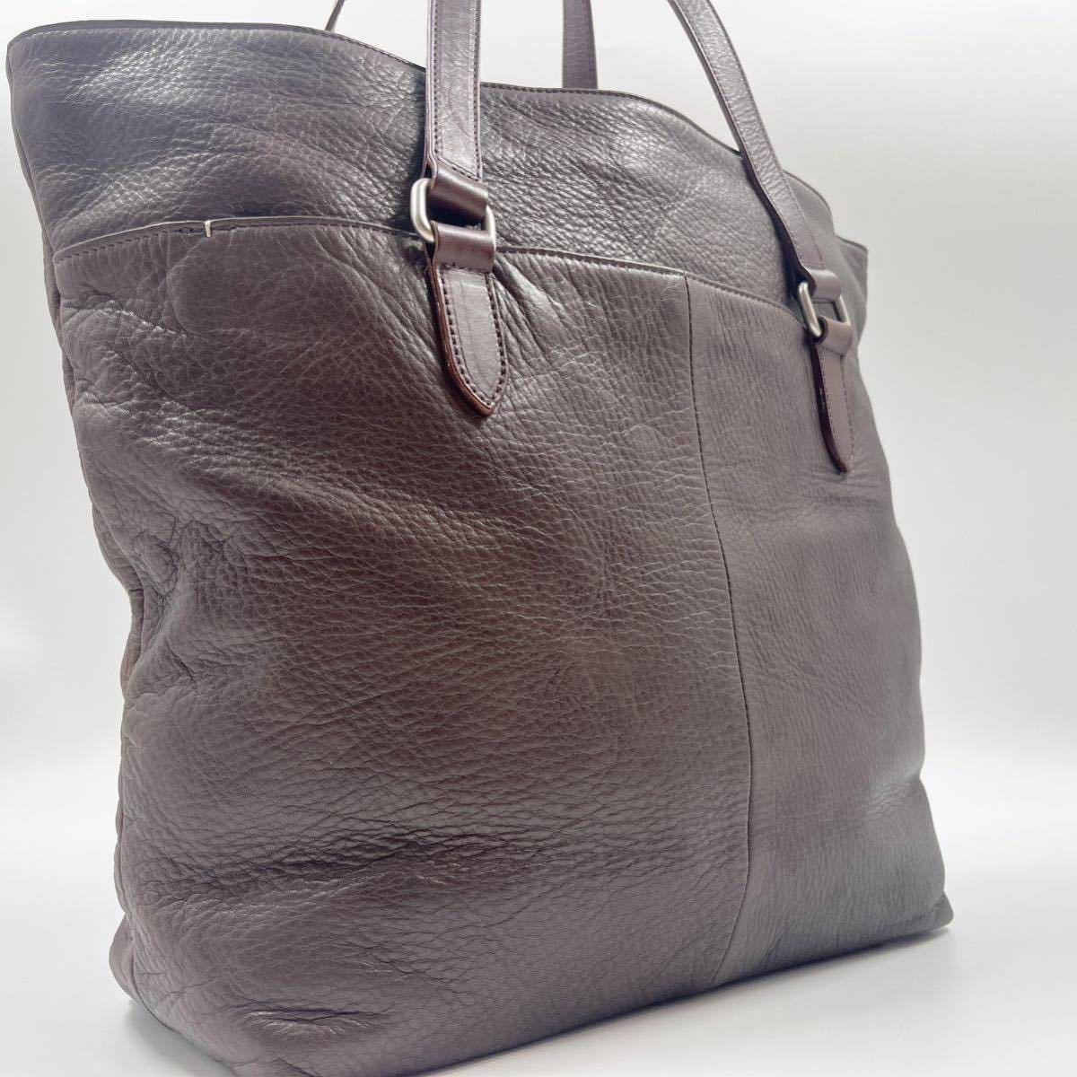 1円【極美品】マーガレットハウエル MARGARET HOWELL メンズ ビジネス トートバッグ 金具 ロゴ レザー 本革 ブラウン 茶色 大容量 肩がけ