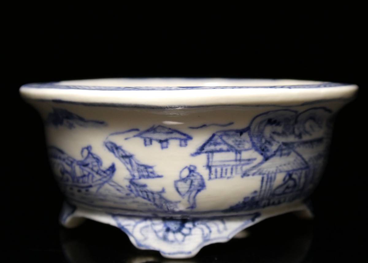 上州勝山 染付山水舟図外縁段脚楕円鉢 size 8.3×7.5×3.4㎝ 未使用品