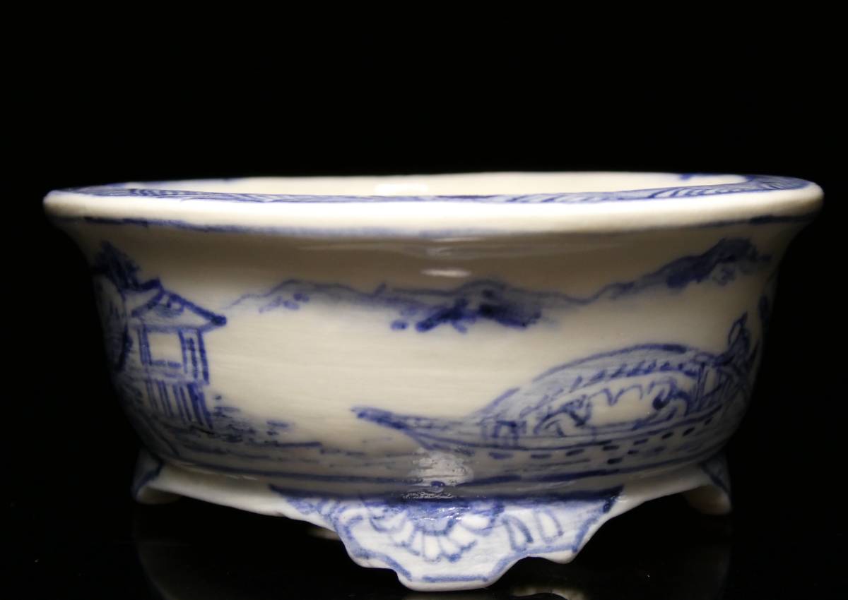 上州勝山 染付山水舟図外縁段脚楕円鉢 size 8.3×7.5×3.4㎝ 未使用品