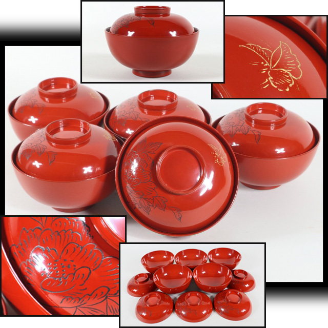 ●西瓜●b3307●【沈金沈黒 牡丹蝶々 朱地堅地 吸物椀5客 明治期】検お茶会煎茶道具茶懐石蓋付椀雑煮椀●