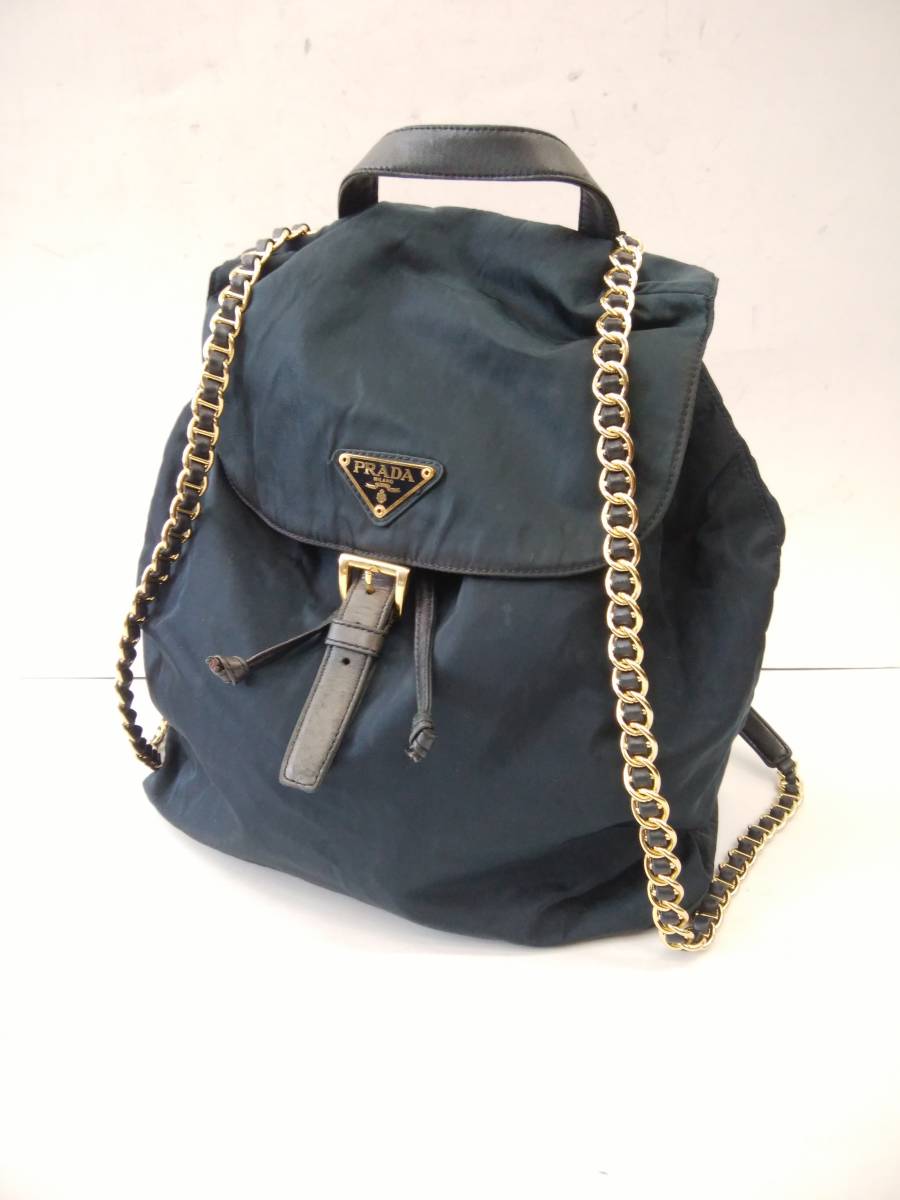 □【ギャラ付】PRADA プラダ チェーン ナイロンリュック ブルー B4860