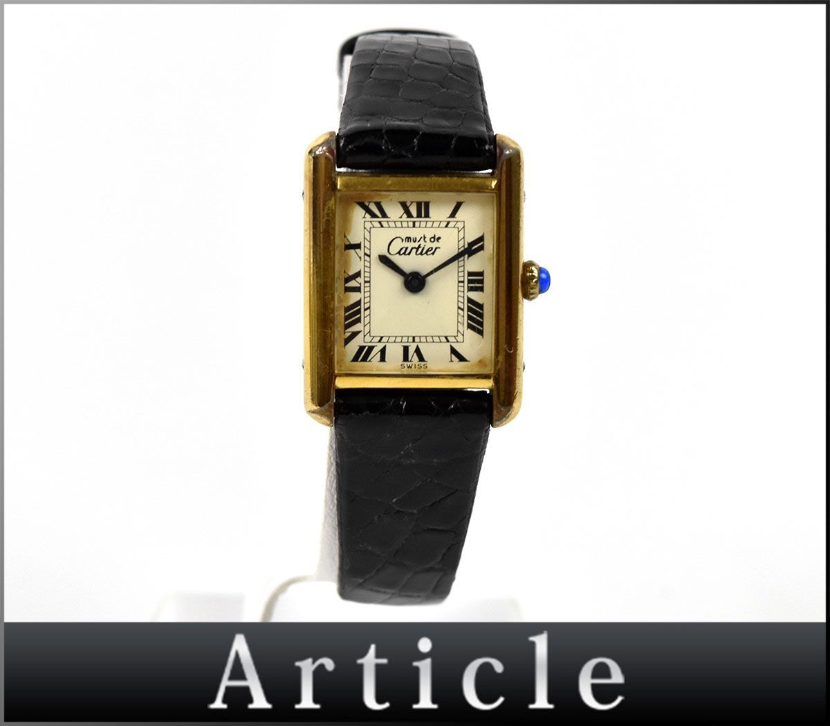 155030◆動作確認済 Cartier カルティエ マストタンク 腕時計 手巻き Sv925 レザー 革 アイボリー ゴールド レディース/ D